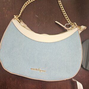 Nanette Lepore Denim Blue Baguette Handbag with Gold Chain